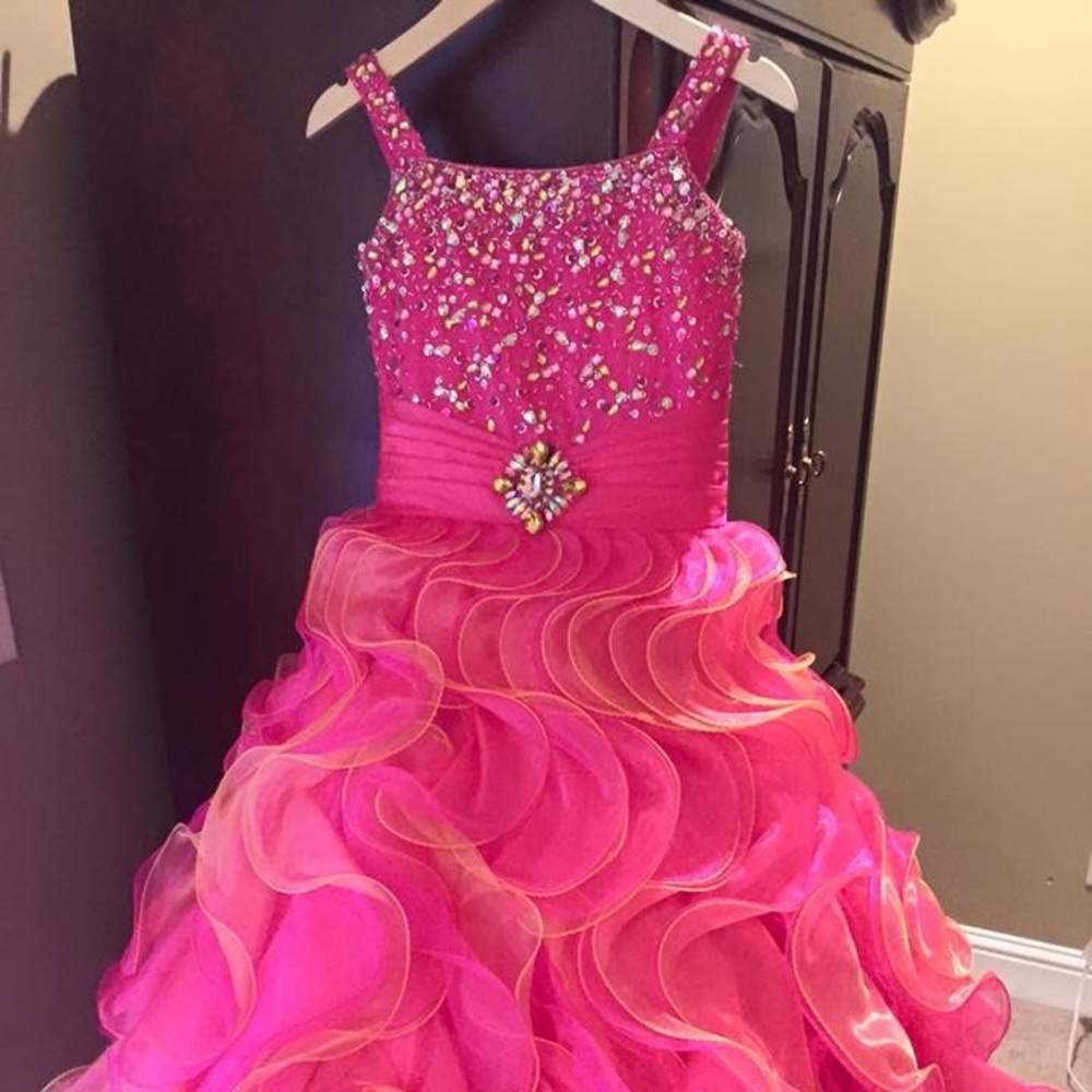 Rachel Allan Perfect Angel Pink and Orange Pageant Gown Kids Size 10 Ruffles